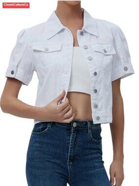 Cropped Denim Jacket Women Short Sleeve Puff Jean Jacket Summer Crop Trucker